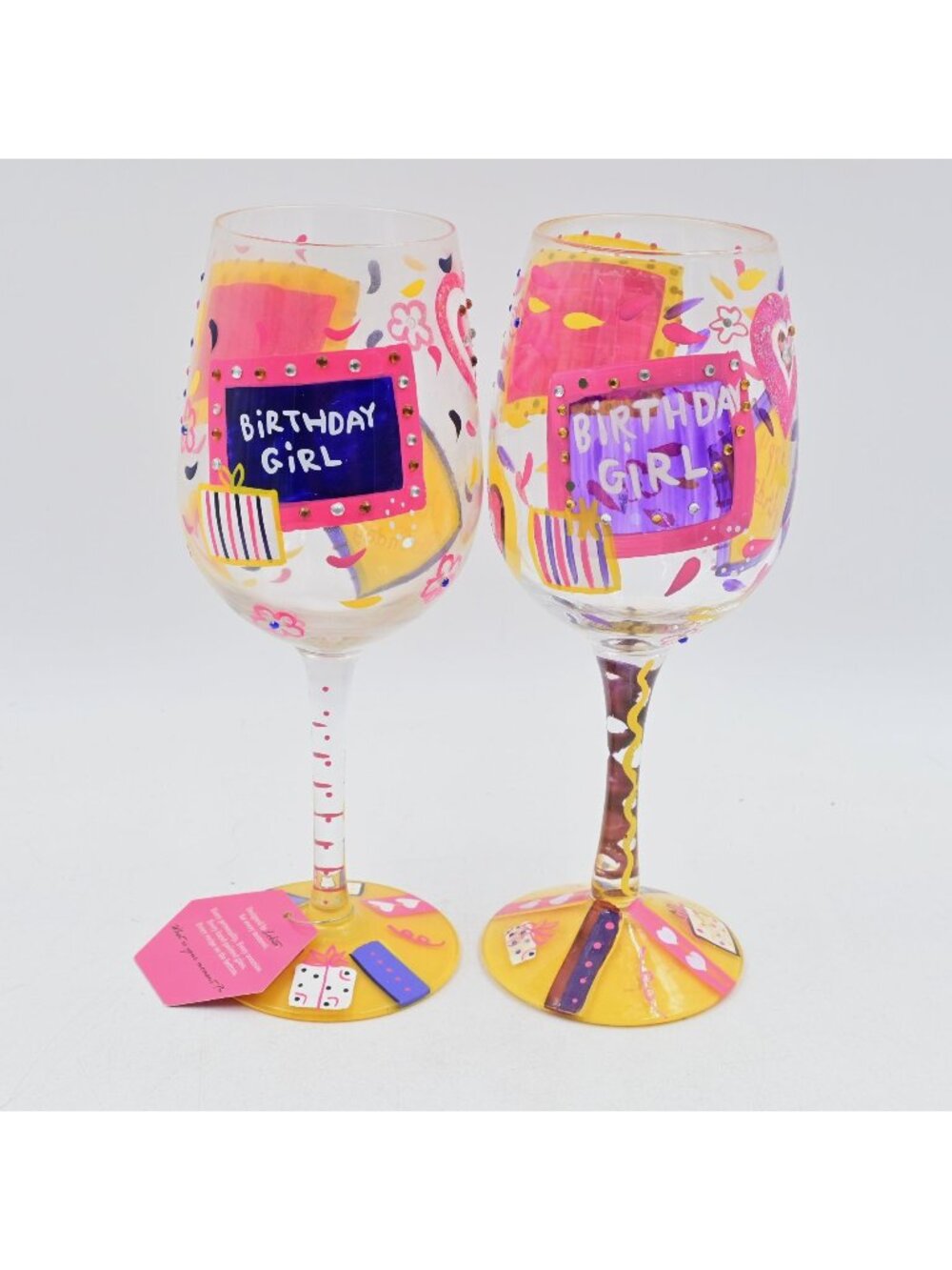 Lolita Birthday Girl Wine Glasses Fun Colorful Design Set Of 2 Hand Painted